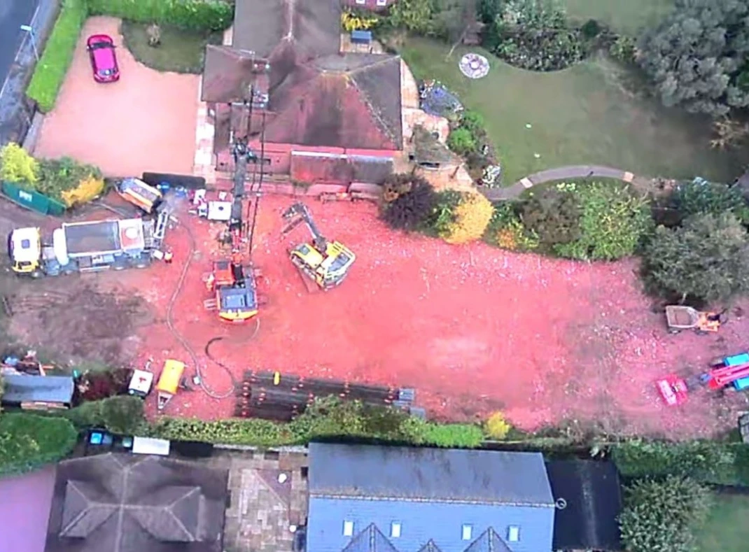 Piling rig and concrete truck during basement works at Tring by Fortis Foundations